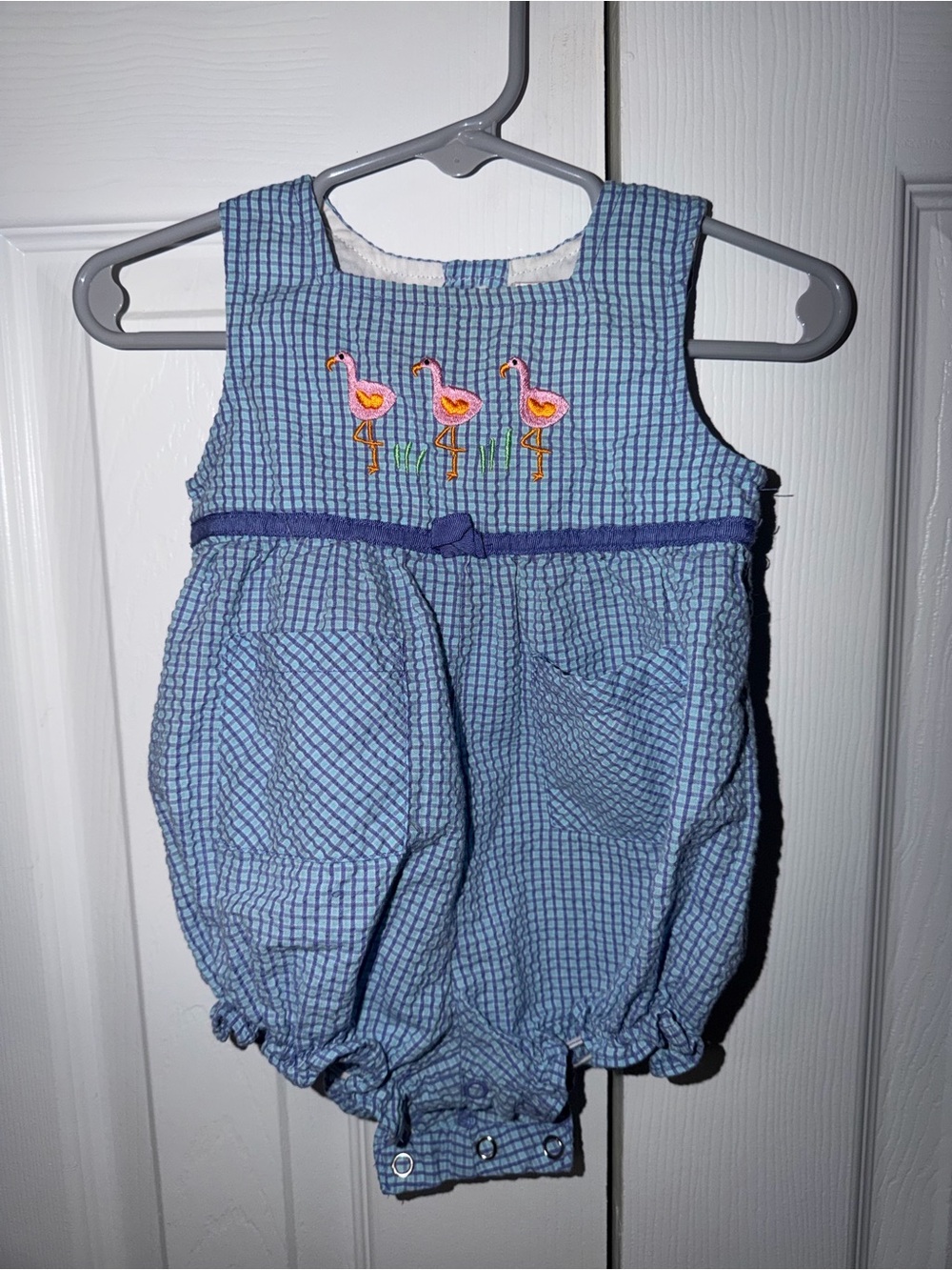 Blue Flamingo Seersucker Baby Romper